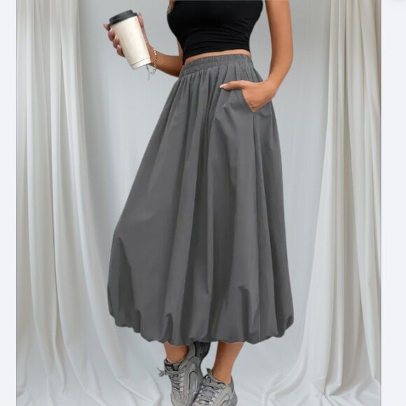 Women’s Gray Maxi Skirt with Pockets Elastic Waist Balloon Hem Size L - Picture 1 of 5